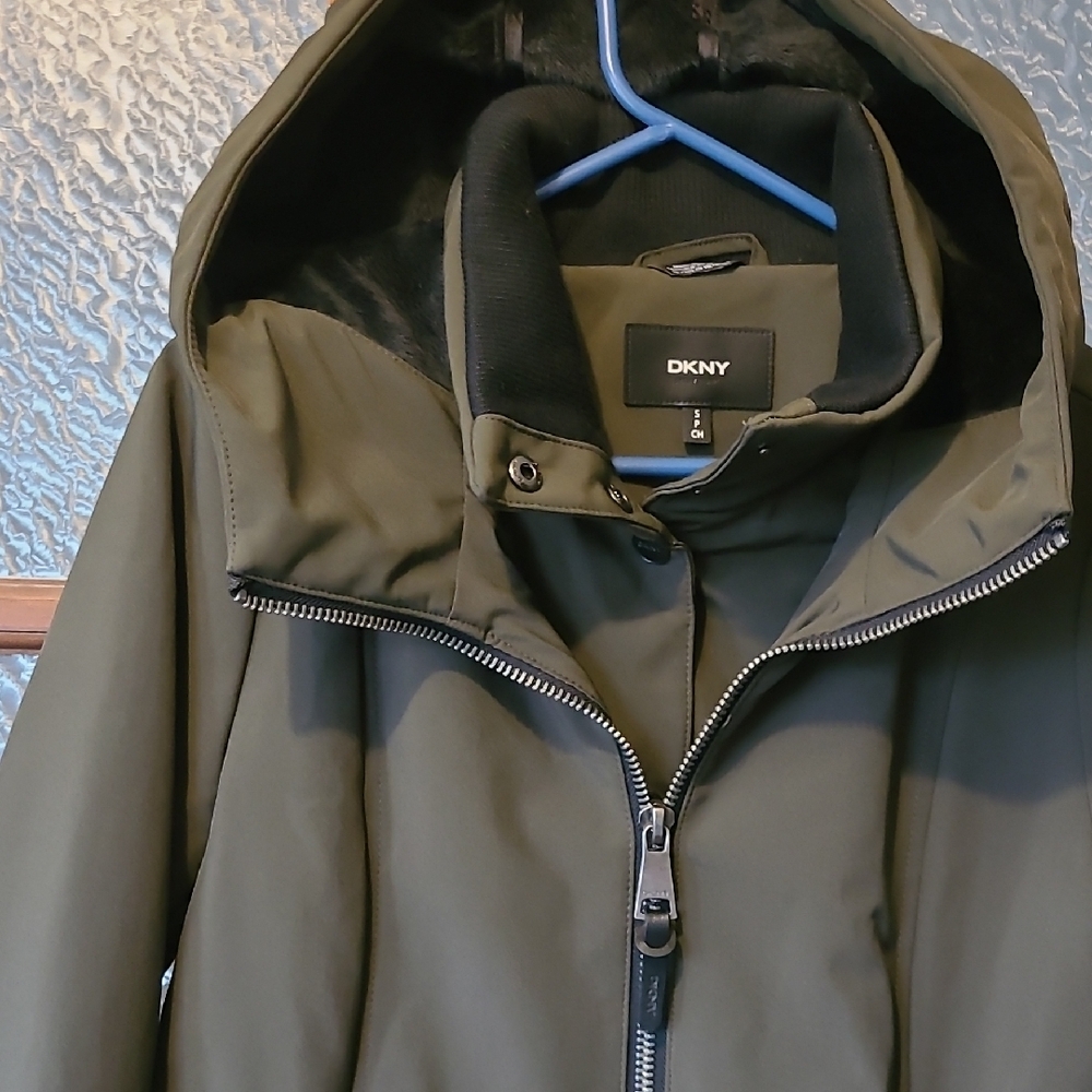 DKNY Women Olive Outerwear Softshell Hooded Long Jacket Velboa Lined Size Small - Picture 6 of 15